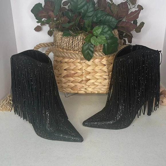 INC Women's Ismeria Fringe Bling Booties, Size 7.5/ Color/ Black Bling - Picture 5 of 12